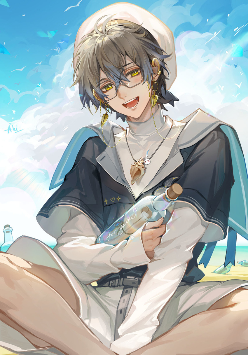 1boy 2022 akizero1510 bird blue_sky brown_hair cloud cloudy_sky conch cork corked_bottle earrings glass_bottle glasses green_eyes hair_between_eyes highres ike_eveland jewelry light_blush long_sleeves looking_at_viewer message_in_a_bottle necklace nijisanji nijisanji_en open_mouth shorts sitting sky sleeves_past_wrists smile solo virtual_youtuber