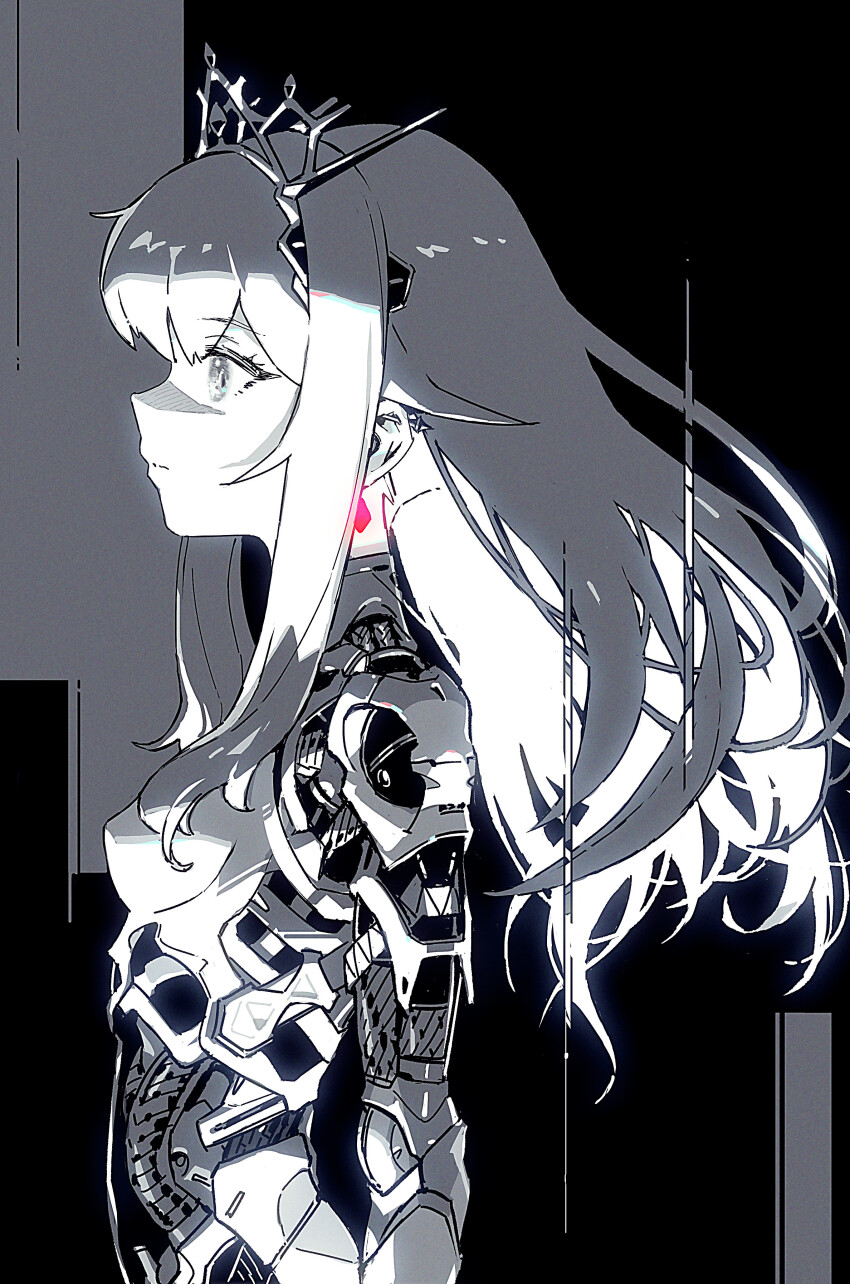 1girl abstract_background absurdres android barbell_piercing black_background breasts ear_piercing earrings exposed_internal_machinery expressionless floating_hair from_side glowing glowing_earrings greyscale highres industrial_piercing jewelry jnt joints long_hair mechabare monochrome original piercing profile ribs robot_joints sidelocks small_breasts solo spot_color tiara upper_body