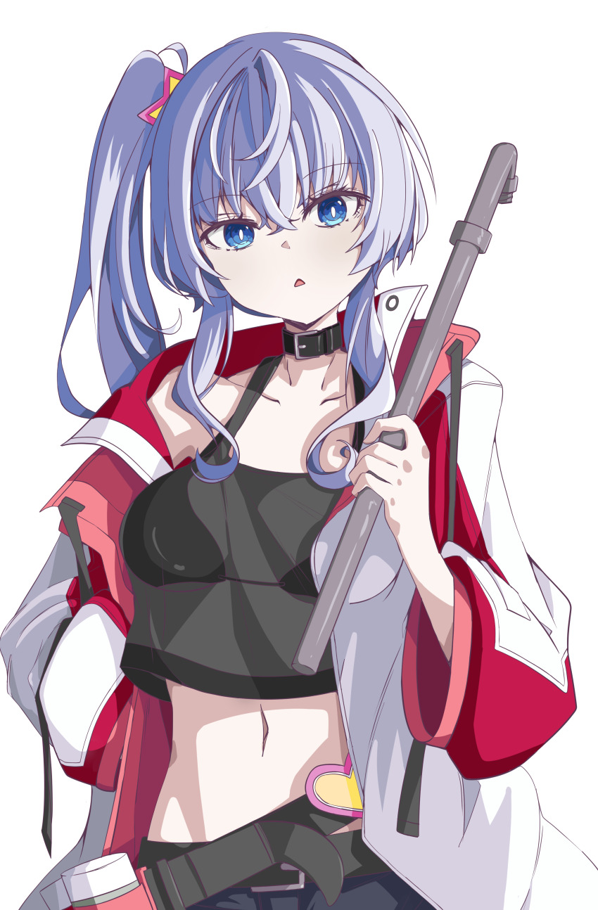 1girl absurdres alternate_hairstyle belt_collar black_tank_top blue_eyes breasts bright_pupils collar collarbone commentary cosplay counter:side crop_top grey_hair hair_between_eyes hand_in_pocket heart_ornament highres holding holding_lead_pipe horizon_(counter:side) isru jacket lead_pipe long_hair long_sleeves looking_at_viewer medium_breasts midriff multicolored_jacket navel rachel_dodds rachel_dodds_(cosplay) red_jacket side_ponytail simple_background single_off_shoulder solo stomach tank_top triangle_mouth two-tone_jacket white_background white_jacket white_pupils