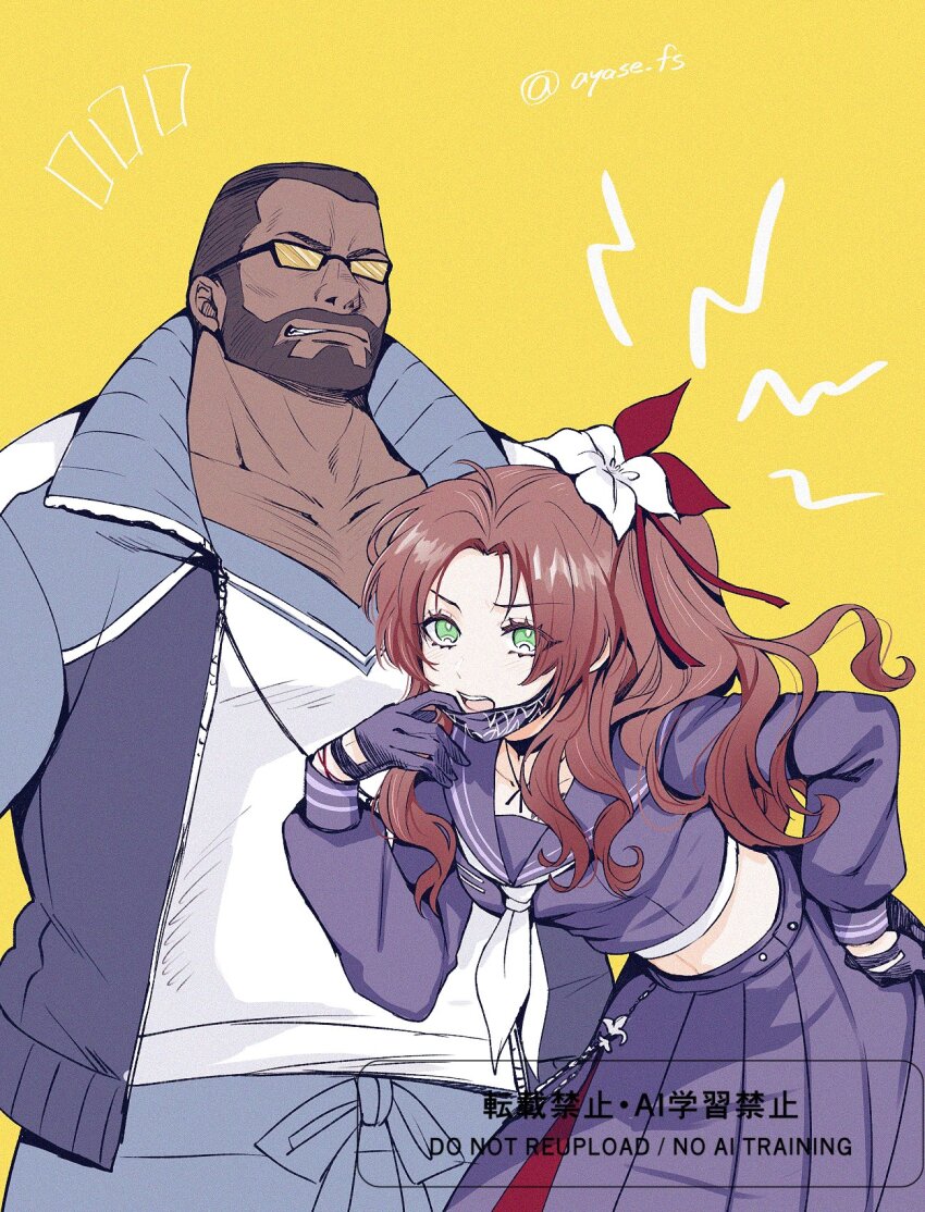 1boy 1girl aerith_gainsborough aerith_gainsborough_(midgard_seventh_high_school) ayase_fs bandaged_chest barret_wallace barret_wallace_(midgard_seventh_high_school) beard black_gloves black_hair black_mask black_shirt black_skirt bracelet breasts brown_hair clenched_teeth crop_top dark-skinned_male dark_skin delinquent facial_hair final_fantasy final_fantasy_vii final_fantasy_vii_ever_crisis flower furrowed_brow gloves green_eyes grey_pants hair_flower hair_ornament hair_ribbon hand_on_own_hip highres jacket jewelry leaning_forward long_hair long_skirt mask mask_pull medium_breasts midriff mouth_mask neckerchief official_alternate_costume open_mouth pants parted_bangs pleated_skirt ponytail red_ribbon ribbon school_uniform shirt short_hair side_ponytail sidelocks skirt sukeban sunglasses teeth track_jacket twitter_username very_short_hair white_flower white_neckerchief white_shirt yellow_background