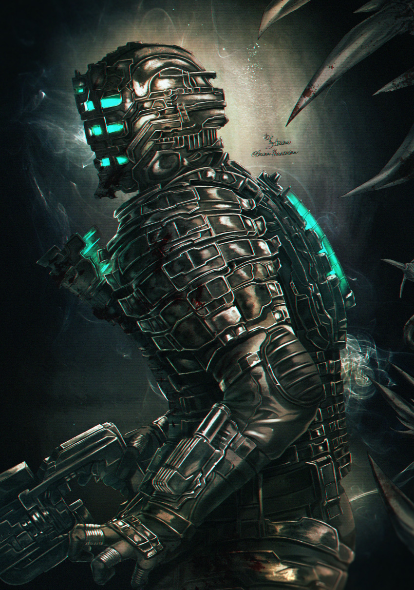 1boy absurdres amazuya_azuma armor artist_name assault_visor blood dead_space dead_space_1 dead_space_remake gloves helmet highres isaac_clarke male_focus plasma_cutter science_fiction smoke solo weapon