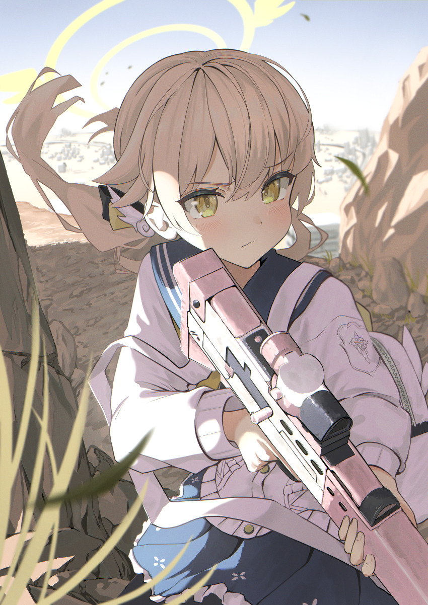 1girl absurdres arisugawa_bii assault_rifle backpack bag blue_archive blue_sailor_collar blue_skirt blue_sky brown_hair bullpup cardigan commentary gun halo hifumi_(blue_archive) highres holding holding_gun holding_weapon l85 long_hair long_sleeves outdoors rifle sailor_collar school_uniform skirt sky solo weapon white_cardigan yellow_eyes yellow_halo