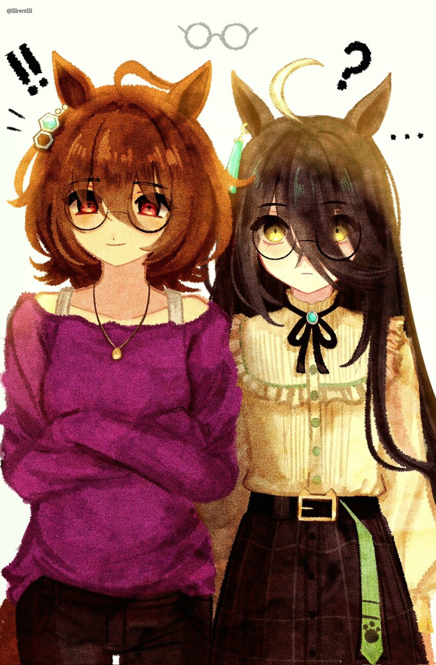 ! !! 2girls ? agnes_tachyon_(umamusume) ahoge animal_ears bare_shoulders belt black_belt black_hair black_pants black_ribbon black_skirt bra_strap breasts brown_hair chemical_structure closed_mouth collarbone ear_tag earrings expressionless flat_chest frilled_shirt frills glasses hair_between_eyes highres horse_ears horse_girl jewelry llllrentllll long_bangs long_hair long_hair_between_eyes long_sleeves manhattan_cafe_(umamusume) medium_breasts medium_hair multicolored_hair multiple_girls neck_ribbon necklace off-shoulder_shirt off_shoulder pants plaid_clothes plaid_skirt purple_shirt ribbon round_eyewear shirt simple_background single_earring skirt smile twitter_username umamusume very_long_hair white_background white_hair wolf_cut yellow_shirt