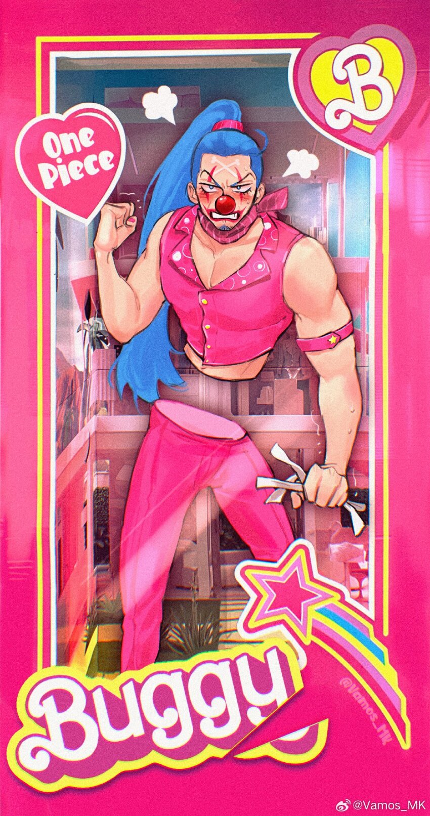 1boy angry arm_strap barbie_(franchise) bird blue_eyes blue_hair border box buggy_the_clown character_name clenched_hand clown_nose copyright_name embarrassed eyelashes facepaint facial_hair flamingo goatee highres holding in_box in_container long_hair male_focus midriff one_piece pants pectoral_cleavage pectorals pink_border pink_nails pink_pants solo vamos_mk