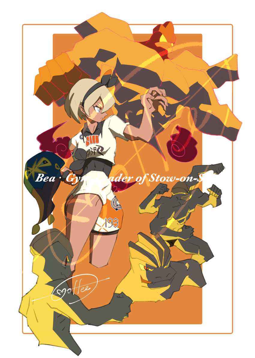 1girl absurdres bea_(pokemon) black_bodysuit black_hairband blonde_hair bodysuit bodysuit_under_clothes border bow_hairband cccacademia character_name closed_mouth collared_shirt commentary_request dynamax fighting_stance gen_1_pokemon gen_8_pokemon gigantamax gigantamax_machamp grapploct hairband hand_up highres knee_pads looking_to_the_side machamp machoke machop nintendo orange_background pokemon pokemon_(creature) pokemon_swsh print_shorts shirt short_hair short_sleeves shorts signature tied_shirt white_border white_shirt