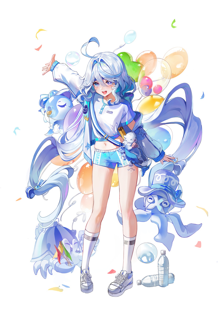 1girl :d absurdres ahoge alternate_costume balloon blue_eyes blue_hair blue_pupils blue_shorts blush bottle dasha drop-shaped_pupils full_body furina_(genshin_impact) genshin_impact gentilhomme_usher hair_between_eyes hand_up heterochromia highres leisurely_otter_(genshin_impact) long_hair long_sleeves looking_at_viewer mademoiselle_crabaletta midriff multicolored_hair navel open_mouth shirt shoes shorts simple_background smile socks solo standing surintendante_chevalmarin symbol-shaped_pupils very_long_hair water_bottle white_background white_hair white_shirt white_shoes white_socks