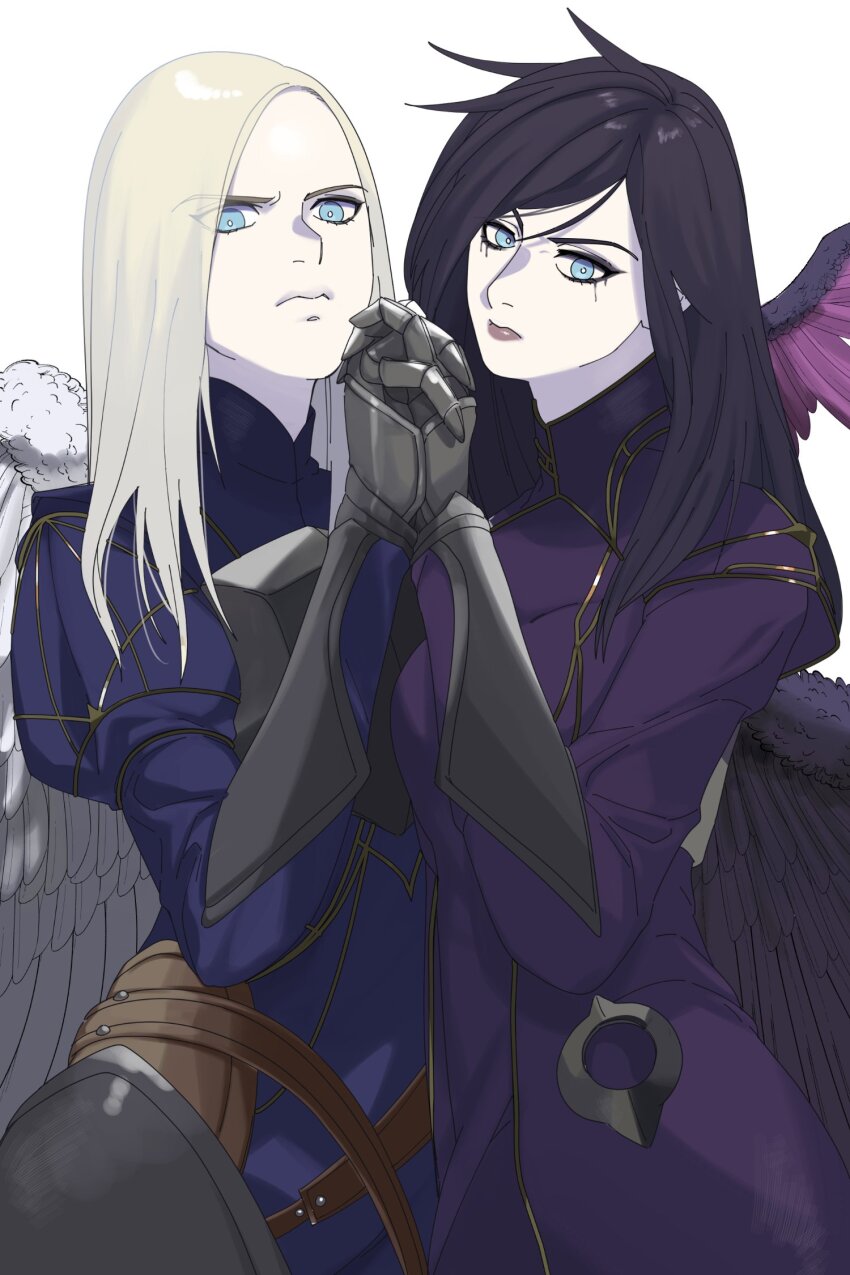 2girls armor black_hair blonde_hair closed_mouth dress frown gauntlets highres hiyari_(hiyarilol) holding_hands juliet_sleeves kayle_(league_of_legends) league_of_legends long_hair long_sleeves morgana_(league_of_legends) multiple_girls official_alternate_costume pale_skin puffy_sleeves purple_dress siblings simple_background sisters twins white_background wings