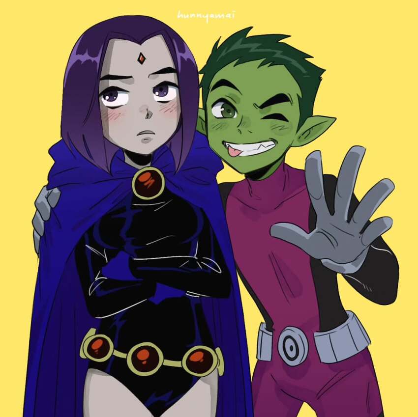 1boy 1girl beast_boy_(dc) blush colored_skin couple dc_comics green_eyes green_hair green_skin happy pointy_ears purple_eyes purple_hair raven_(dc) smile teen_titans