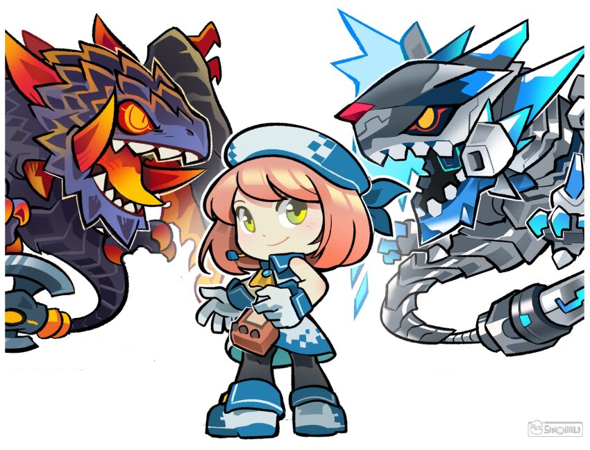 digimon digimon_(creature) digimon_linkz dragon hat highres kurihara_hina looking_at_viewer metallicdramon sinobali smile tail volcanicdramon wings