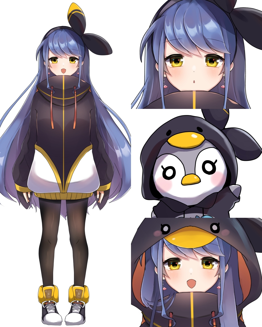 1girl absurdres bird black_jacket black_pantyhose blue_hair blush earrings fish_earrings full_body herunia_kokuoji highres indie_virtual_youtuber iroha_ruri jacket long_hair long_sleeves looking_at_viewer open_mouth pantyhose parted_lips penguin shoes sneakers very_long_hair virtual_youtuber white_background yellow_eyes