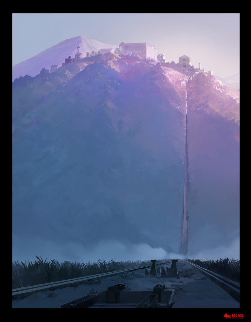 building day fog grass highres house morning mountain no_humans original railroad_tracks scenery shadow slow_d sunlight tower town