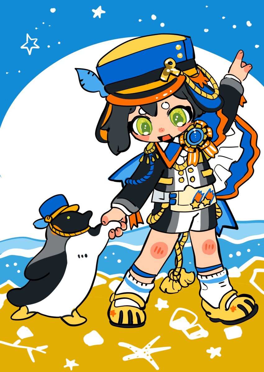 1boy animal arm_up beach bird black_hair black_jacket black_shorts commentary_request deformed epaulettes full_body green_eyes headwear_request highres holding_hands jacket long_sleeves looking_at_another male_focus moon night night_sky ocean open_mouth original outdoors penguin pointy_ears shima_(wansyon144) short_hair shorts sky solo walking