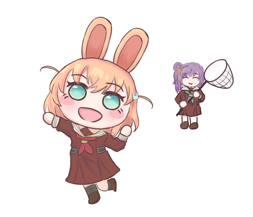 2girls :d ^_^ animal_crossing animal_ears aqua_eyes aqua_neckerchief black_socks blush_stickers brown_dress brown_shoes butterfly_net cerise_bouquet chibi closed_eyes closed_mouth commentary_request crossed_bangs dress flower full_body hair_bun hair_flower hair_ornament hand_net hasu_no_sora_school_uniform highres hikari863126 hinoshita_kaho holding holding_butterfly_net kemonomimi_mode leg_up link!_like!_love_live! long_hair long_sleeves love_live! medium_dress medium_hair multiple_girls neckerchief nintendo open_mouth orange_hair otomune_kozue parody pleated_dress purple_hair rabbit_ears rabbit_hair_ornament red_flower red_neckerchief sailor_collar sailor_dress school_uniform shoes side_ponytail sidelocks simple_background single_side_bun smile socks split_mouth tassel tassel_hair_ornament two_side_up virtual_youtuber white_background white_sailor_collar winter_uniform