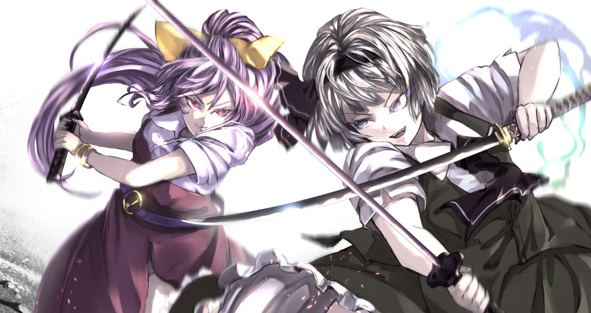 2girls absurdres amatou3 belt black_hairband bow bracelet closed_mouth collared_shirt dual_wielding frilled_skirt frills glowing glowing_eyes green_skirt green_vest grey_hair hair_bow hairband highres holding holding_sword holding_weapon jewelry katana konpaku_youmu light_smile looking_at_viewer multiple_girls open_mouth outdoors pink_hair purple_eyes red_eyes shirt simple_background skirt sword touhou v-shaped_eyebrows vest watatsuki_no_yorihime weapon white_background white_shirt yellow_bow