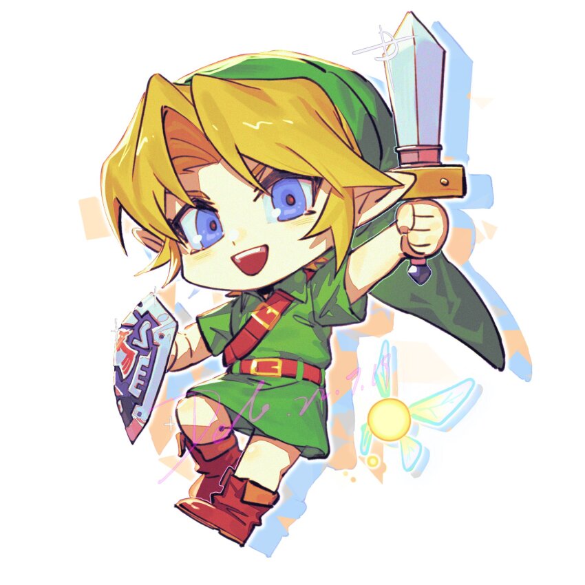 1boy 1girl blonde_hair blue_eyes boots brown_footwear dele14375735 fairy green_skirt green_tunic highres hylian_shield leather leather_belt leather_boots link nintendo phrygian_cap shield skirt tatl the_legend_of_zelda the_legend_of_zelda:_majora&#039;s_mask tunic young_link