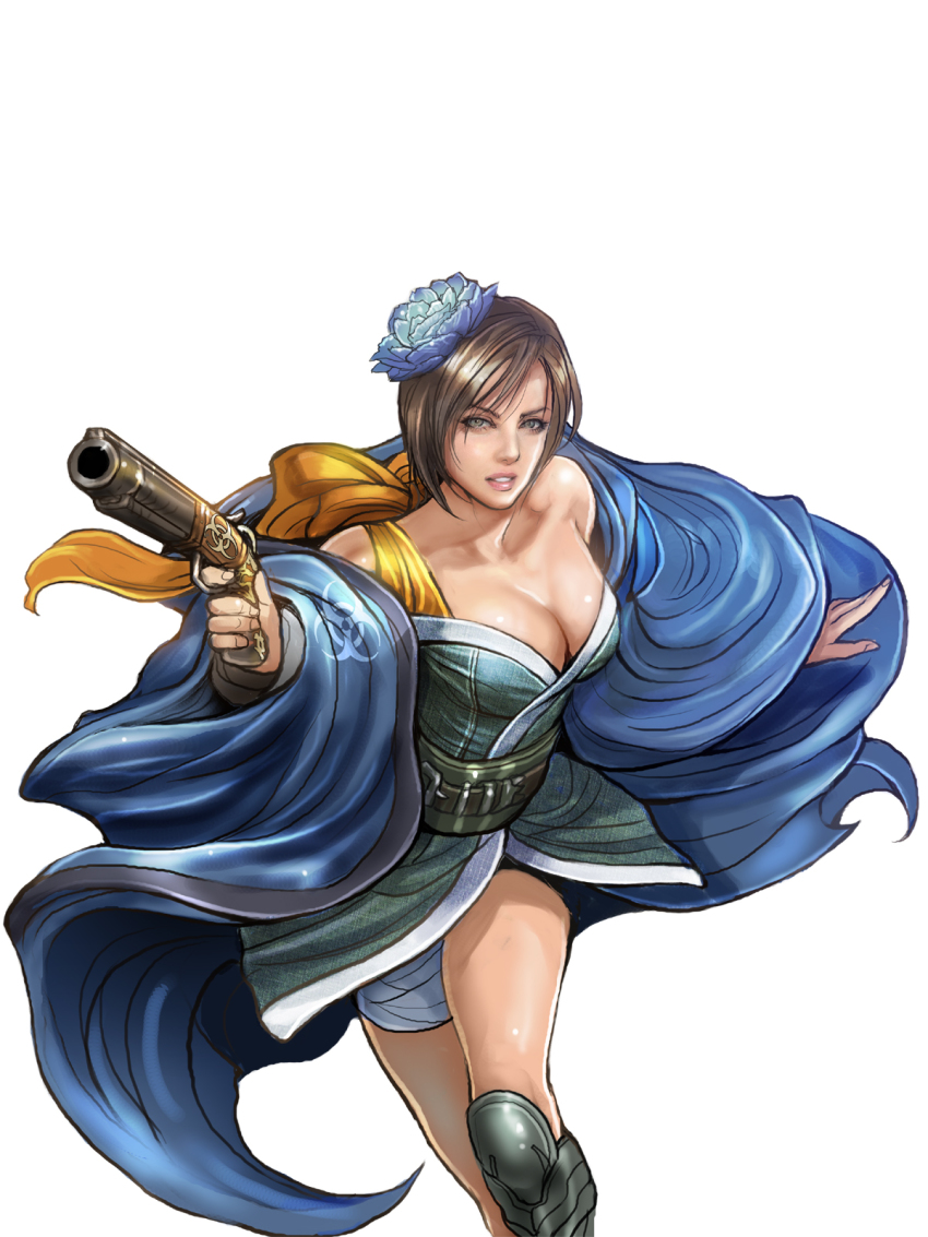 1girl adapted_costume antique_firearm armor belt blue_eyes breasts brown_hair capcom cleavage company_connection female_focus firearm firelock flintlock flower greaves gun hair_flower hair_ornament handgun haori highres japanese_clothes jill_valentine kimono large_breasts lips obi official_art onimusha_soul pistol resident_evil resident_evil_3:_nemesis sash short_hair shorts simple_background solo takeda_sana weapon white_background