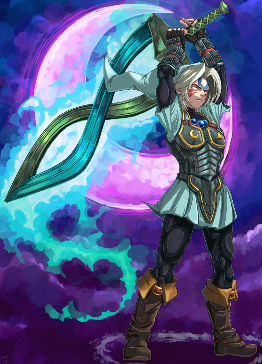 1boy absurdres alternate_color alternate_costume alternate_eye_color alternate_form alternate_hair_color alternate_weapon armor arms_up aura belt belt_buckle blue_gemstone brown_footwear buckle chest_jewel cloud cloudy_sky commentary corruption crescent crescent_moon crescent_print crossover dark_aura dark_persona double_helix earrings english_commentary facial_mark facial_tattoo fierce_deity fingerless_gloves frown gem gloves glowing glowing_weapon hal_laboratory hat highres holding holding_sword holding_weapon jewelry link looking_to_the_side male_focus moon night night_sky nintendo official_alternate_color official_alternate_costume official_alternate_eye_color official_alternate_hair_color over_shoulder pants pointy_ears possessed possession serious sky standing stoic_seraphim super_smash_bros. sword tattoo the_legend_of_zelda the_legend_of_zelda:_majora&#039;s_mask the_legend_of_zelda:_ocarina_of_time triangle triangle_print tunic weapon weapon_over_shoulder wrist_guards young_link