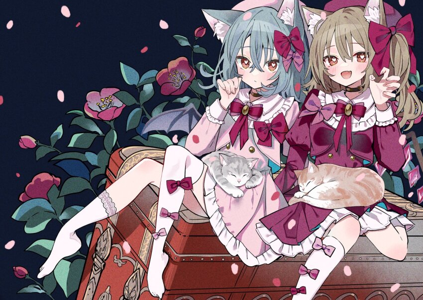 animal_ear_fluff animal_ears black_background blonde_hair blue_hair cat cat_ears cat_girl claw_pose dress flandre_scarlet hat heart heart-shaped_pupils long_hair medium_hair petals pink_dress pink_hat red_dress red_eyes red_hat remilia_scarlet siblings side_ponytail sisters sitting symbol-shaped_pupils tamagogayu1998 thighhighs touhou white_thighhighs