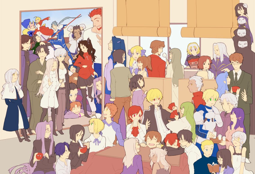 10s 6+boys 6+girls absolutely_everyone angra_mainyu_(fate) animal_ears annotated archer_(fate) armor arthur_pendragon_(fate) artoria_pendragon_(fate) assassin_(fate/zero) bandages beard berserker_(fate/zero) black_hair blonde_hair blue_eyes blue_hair bowl brown_hair caren_hortensia child_assassin_(fate/zero) chloe_von_einzbern chopsticks claudia_hortensia closed_eyes coat cross cu_chulainn_(fate) cu_chulainn_(fate/stay_night) cup dark-skinned_female dark-skinned_male dark_skin detached_sleeves diarmuid_ua_duibhne_(fate) diarmuid_ua_duibhne_(lancer)_(fate) earrings emiya_kiritsugu emiya_norikata emiya_shirou enkidu_(fate) everyone eyepatch facial_hair fate/apocrypha fate/extra fate/hollow_ataraxia fate/kaleid_liner_prisma_illya fate/prototype fate/stay_night fate/strange_fake fate/zero fate_(series) female_assassin_(fate/zero) formal_clothes fox_ears fujimura_taiga gilgamesh_(fate) gilles_de_rais_(caster)_(fate) gilles_de_rais_(fate) glasses green_eyes grey_hair hair_ribbon heracles_(fate) higeyarou8 hisau_maiya illyasviel_von_einzbern irisviel_von_einzbern iskandar_(fate) jeanne_d&#039;arc_(fate) jeanne_d&#039;arc_(ruler)_(fate) jewelry jubstacheit_von_einzbern kayneth_archibald_el-melloi kotomine_kirei kotomine_risei kuzuki_souichirou ladle leysritt_(fate) long_hair luviagelita_edelfelt mask matou_byakuya matou_kariya matou_sakura matou_shinji matou_zouken medea_(caster)_(fate) medea_(fate) medusa_(fate) medusa_(rider)_(fate) mitsuzuri_ayako miyu_edelfelt multiple_boys multiple_girls natalia_kaminski necktie nero_claudius_(fate) nero_claudius_(fate/extra) pantyhose perseus_(fate) pink_hair pleated_skirt pointy_ears polearm ponytail purple_hair red_eyes red_hair ribbon ryuudou_issei saber_(fate) sajou_ayaka_(fate/prototype) sasaki_kojirou_(fate) sella_(fate) shirley_(fate) short_hair skirt sola-ui_nuada-re_sophia-ri spear suit sweater tamamo_(fate) tamamo_no_mae_(fate) thighhighs tohsaka_aoi tohsaka_rin tohsaka_tokiomi type-moon uryuu_ryuunosuke very_long_hair waver_velvet weapon yellow_eyes zettai_ryouiki
