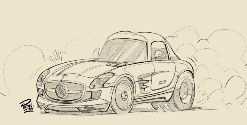 artist_name brown_background burnout car highres mercedes-benz mercedes-benz_sls_amg motor_vehicle no_humans notice_lines original sepia shadow sketch smoke sports_car vehicle_focus will_pierce