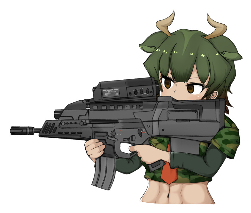 1girl abs aiming airburst_grenade_launcher alliant_techsystems animal_ears assault_rifle aurochs_(kemono_friends) brown_eyes bullpup carbine computerized_scope contraves_brashear_systems cow_ears green_hair grenade_launcher gun heckler_&amp;_koch highres horns huge_weapon kemono_friends l-3_communications_corporation l3_technologies long_gun matubokk military military_uniform modular_weapon_system multi-weapon multiple-barrel_gun muzzle_device necktie night-vision_device original precision-guided_firearm prototype_design rifle scope semi-automatic_grenade_launcher short-barreled_rifle sight_(weapon) simple_background smart_scope solo telescopic_sight thermal_weapon_sight transforming_weapon under-barrel_configuration underbarrel_assault_rifle underbarrel_rifle unfinished weapon white_background xm104_(smart_scope) xm29_oicw