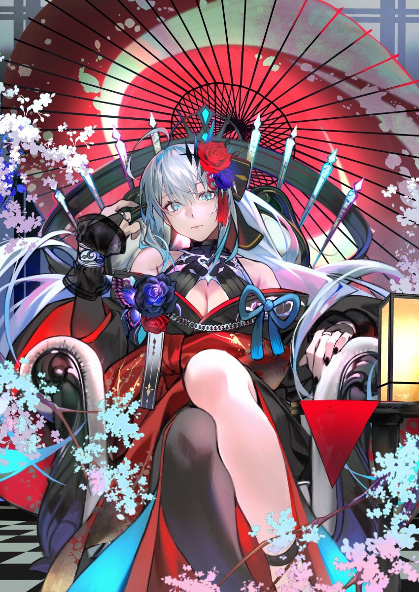 1girl absurdres asymmetrical_legwear bare_shoulders black_gloves blue_eyes bridal_gauntlets cherry_blossoms cleavage_cutout clothing_cutout fate/grand_order fate_(series) flower gloves hair_flower hair_ornament highres hiro_(hirohiro_gorira) japanese_clothes kimono knees_up looking_at_viewer morgan_le_fay_(fate) parasol sitting solo umbrella white_hair