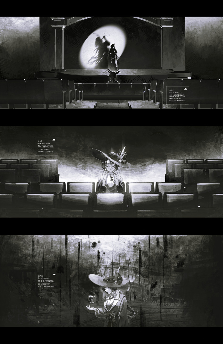 2girls absurdres closed_eyes collared_shirt different_shadow dress facing_viewer greyscale highres hofmann_knot isolde_(reverse:1999) jacket kakania_(reverse:1999) long_dress long_hair looking_at_hand low_ponytail monochrome multiple_girls neck_ribbon picture_hat ponytail reverse:1999 ribbon shirt spotlight stage theater theater_seating volcanoyyy watermark
