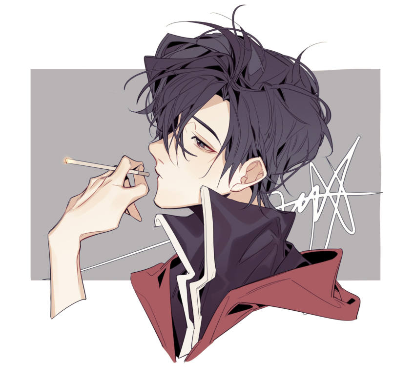 1boy absurdres black_eyes black_hair black_shirt chinese_commentary cigarette closed_mouth collared_shirt grey_background high_collar highres holding holding_cigarette hood hood_down hooded_jacket jacket looking_to_the_side male_focus portrait profile quan_zhi_gao_shou red_jacket shirt short_hair signature simple_background smoking solo two-tone_background upper_body wenyiyuuuuu white_background ye_xiu