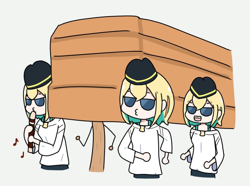 3girls :d amano_pikamee aqua_hair assisted_carrying bare_shoulders black_headwear blonde_hair carrying coffin commentary_request cropped_torso dancing_pallbearers_(meme) eighth_note flute grey_background hair_between_eyes hat holding holding_flute holding_instrument instrument meme mini_hat multicolored_hair multiple_girls multiple_persona music musical_note o3o off-shoulder_shirt off_shoulder open_mouth osono_azami playing_instrument quarter_note recorder sharp_teeth shirt simple_background smile sunglasses teeth tomoe_(amano_pikamee) two-tone_hair virtual_youtuber voms white_shirt