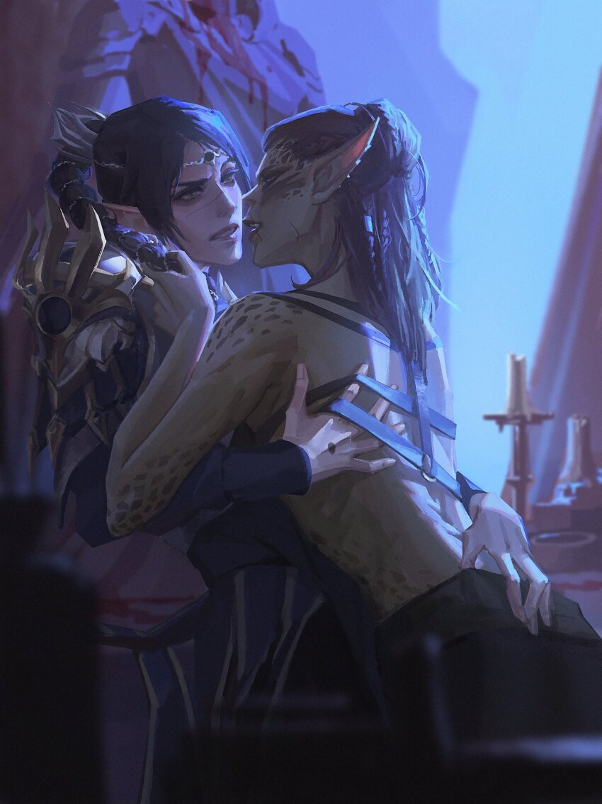 2girls armor baldur&#039;s_gate baldur&#039;s_gate_3 black_hair blood blurry blurry_background blurry_foreground braid brown_hair candle candlestand chest_harness circlet colored_skin commentary depth_of_field elf english_commentary eye_contact face-to-face facial_tattoo from_side gith_(dungeons_&amp;_dragons) green_eyes green_skin hair_bun half_updo hand_on_another&#039;s_back hand_under_clothes harness highres holding_another&#039;s_hair interracial lae&#039;zel long_hair looking_at_another medium_hair migaloo multi-tied_hair multiple_braids multiple_girls open_mouth parted_bangs pauldrons pointy_ears scar scar_on_face scar_on_mouth scar_on_nose shadowheart_(baldur&#039;s_gate) shoulder_armor single_hair_bun sitting spots tattoo throne yuri