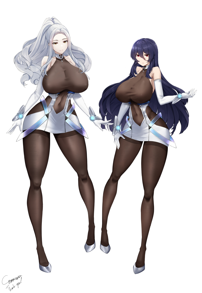 2girls absurdres azur_lane bare_shoulders bodystocking breasts clothing_cutout commentary commission cosplay covered_erect_nipples covered_navel elbow_gloves english_commentary epic_seven full_body gloves grey_hair hair_between_eyes high_ponytail highres huge_breasts irkawaza iron_saga kise_(epic_seven) long_hair_between_eyes microskirt multiple_girls navel_cutout new_jersey_(azur_lane) new_jersey_(azur_lane)_(cosplay) oboro_(iron_saga) ponytail puffy_nipples purple_hair red_eyes shoes simple_background skirt thank_you white_background white_gloves white_shoes white_skirt