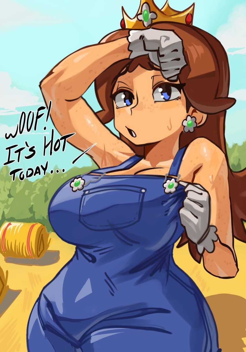 1girl blue_eyes breasts brown_hair cleavage crown day earrings flower_earrings gloves highres jewelry looking_at_viewer mario_(series) nintendo overalls princess_daisy standing sweat sweatdrop tomboy