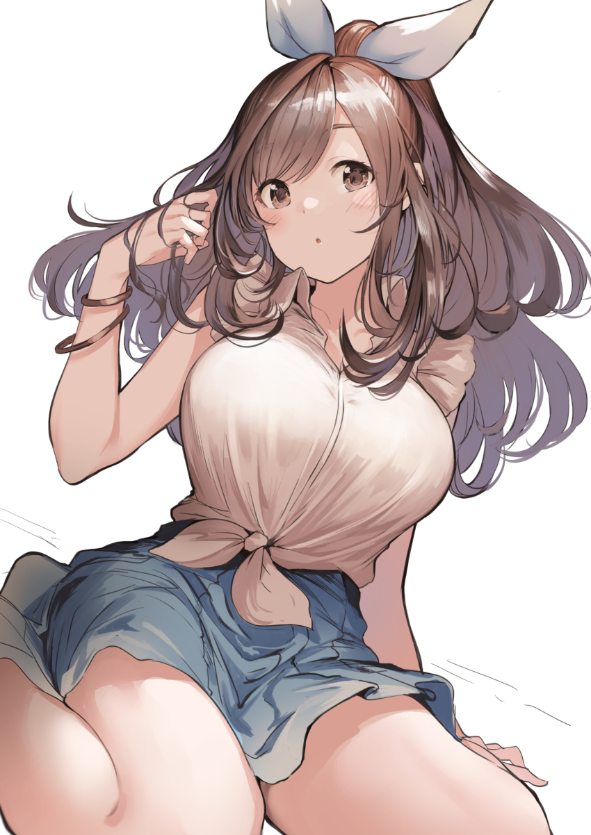 1girl :o arm_support blue_skirt blush bow breasts brown_eyes brown_hair collarbone commentary dutch_angle feet_out_of_frame female_focus floating_hair frilled_shirt frills hair_bow hand_up high_ponytail highres idolmaster idolmaster_shiny_colors koruse large_breasts long_hair looking_at_viewer ponytail shirt short_sleeves simple_background sitting sketch_background skirt sleeveless sleeveless_shirt solo swept_bangs tareme tied_shirt tsukioka_kogane twirling_hair unfinished wariza white_background white_bow white_shirt wing_collar