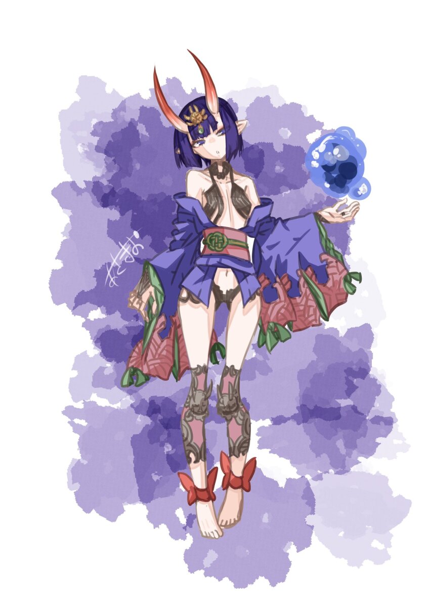 1girl asagirimao bare_shoulders barefoot breasts commentary_request expressionless fate/grand_order fate_(series) full_body headpiece highres horns japanese_clothes kimono off_shoulder oni purple_eyes purple_hair purple_kimono short_kimono shuten_douji_(fate) skin-covered_horns small_breasts solo