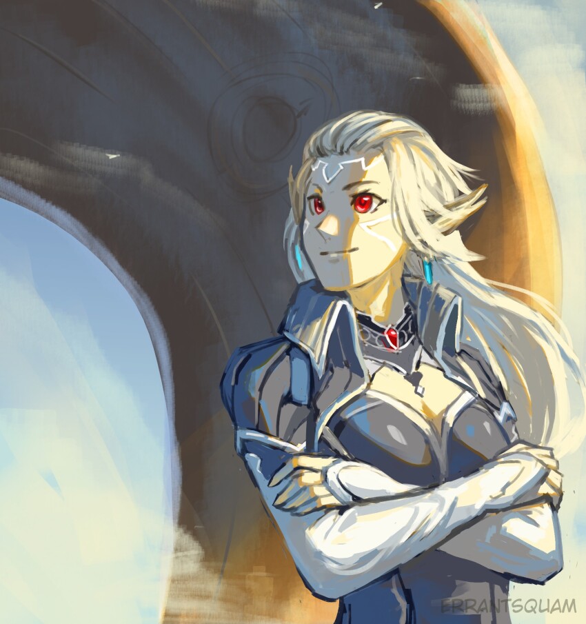 1girl alien animal_ears black_bodysuit blonde_hair bodysuit breasts cleavage cleavage_cutout clothing_cutout earrings errantsquam highres jewelry long_hair long_sleeves neilnail_(xenoblade) nintendo oblivia_(xenoblade_x) outdoors red_eyes smile solo standing xenoblade_chronicles_(series) xenoblade_chronicles_x