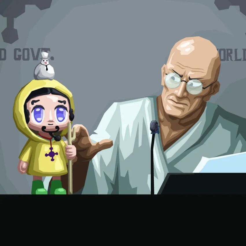 1boy 2024 bald bird black_eyes closed_mouth cosplay ethan-baron_v._nusjuro facial_hair glasses goatee gorosei hattori_(one_piece) henry_brine_art luce_(jubilee_2025) luce_(jubilee_2025)_(cosplay) male_focus mascot microphone non-web_source old old_man one_piece paper pigeon purple_eyes raincoat rino_fisichella rob_lucci robe white_robe yellow_raincoat