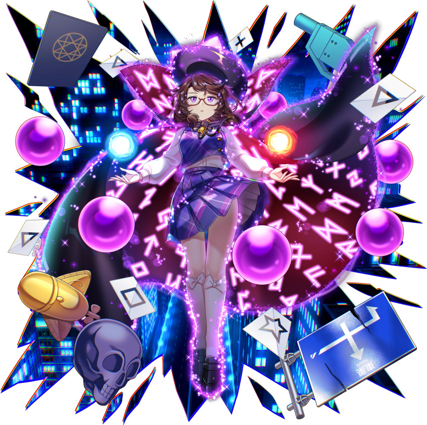 1girl aura black_cloak black_shoes breasts brown_hair cape cloak game_cg glasses hat highres kneehighs loafers long_sleeves magic official_art plaid_clothes plaid_skirt plaid_vest pleated_skirt purple_eyes purple_skirt purple_vest red-framed_eyewear red_cloak rotte_(1109) runes semi-rimless_eyewear shirt shoes skirt skull socks solo sparkle star_(symbol) third-party_source touhou touhou_lostword transparent_background two-sided_cloak two-sided_fabric under-rim_eyewear urban_legend_in_limbo usami_sumireko vest white_shirt white_socks zener_card
