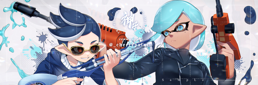 1boy 1girl artist_name black_jacket black_shirt blue_eyes blue_hair blue_hoodie closed_mouth commentary commission commissioner_name dual_wielding dualie_squelchers_(splatoon) grin highres holding holding_weapon hood hood_down hoodie inkling inkling_boy inkling_girl inkling_player_character jacket jinkoika looking_at_another mole mole_under_eye nintendo pointy_ears red_eyes shirt short_hair sleeves_rolled_up smile splatoon_(series) squiffer_(splatoon) striped_clothes striped_shirt sunglasses symbol-only_commentary tentacle_hair turtleneck turtleneck_shirt upper_body weapon white_shirt yellow-framed_eyewear zipper zipper_pull_tab