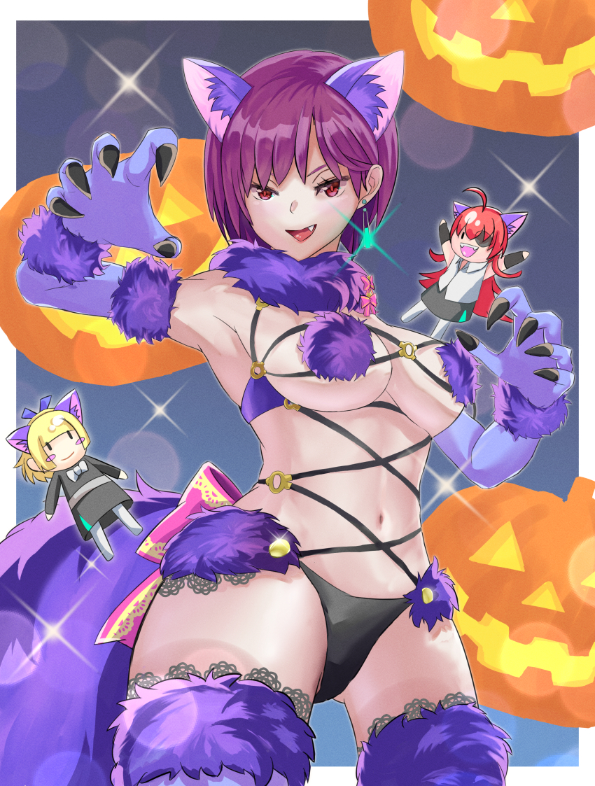 3girls :d absurdres ahoge animal_ears armpits asami_makiko_(heaven_burns_red) bikini black_panties blonde_hair bow breasts character_doll claw_pose claws cosplay doll dress earrings elbow_gloves fang fate/grand_order fate_(series) fur-trimmed_gloves fur-trimmed_legwear fur_collar fur_trim gloves gluteal_fold halloween halloween_costume heaven_burns_red highres jack-o&#039;-lantern jewelry lace_trim large_breasts long_hair looking_at_viewer mash_kyrielight mash_kyrielight_(dangerous_beast) mash_kyrielight_(dangerous_beast)_(cosplay) multiple_girls nanase_nanami_(heaven_burns_red) navel null1000_4869 o-ring o-ring_top open_mouth panties parody pink_bow pumpkin purple_gloves purple_hair purple_tail purple_thighhighs red_eyes red_hair revealing_clothes short_hair skirt smile sparkle swimsuit tail tezuka_saki thighhighs underwear wolf_ears wolf_tail