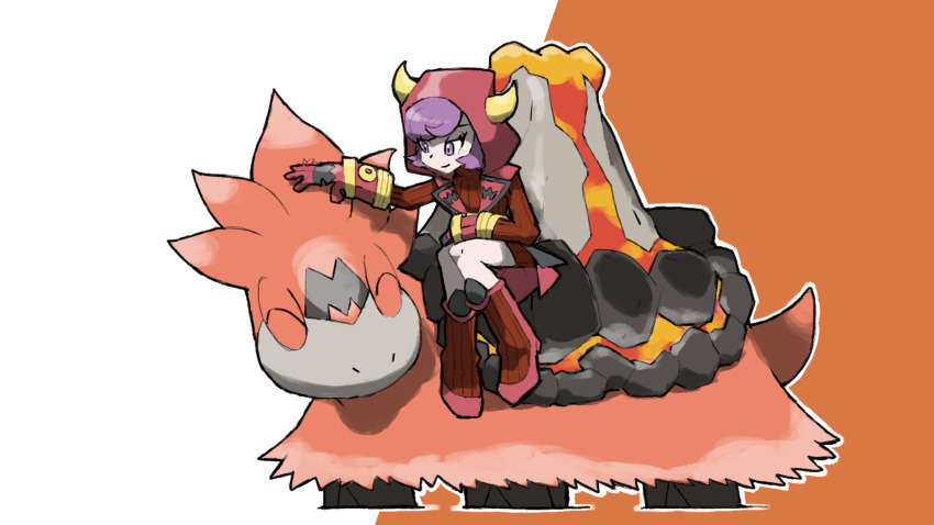 blacknirrow camerupt closed_eyes closed_mouth courtney_(pokemon) dress eyelashes fake_horns game_freak gen_3_pokemon hand_on_another&#039;s_head highres hood hood_up hooded_jacket horned_hood horns jacket lava mega_camerupt mega_pokemon nintendo outline petting pokemon pokemon_(creature) pokemon_oras purple_eyes purple_hair red_dress red_footwear red_jacket short_hair simple_background sitting smile sweater sweater_dress team_magma team_magma_uniform two-tone_background white_outline