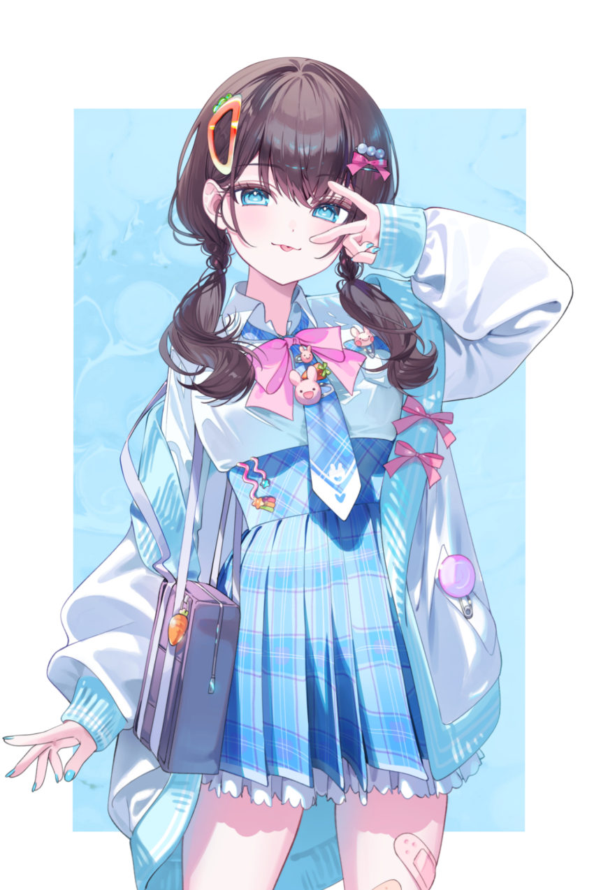 1girl a20_(atsumaru) aqua_nails bag bandaid bandaid_on_leg blue_background blue_eyes blue_necktie blue_skirt brown_hair frilled_skirt frills hair_ornament hairclip high-waist_skirt highres jacket long_hair long_sleeves low_twintails neck_ribbon necktie original pink_ribbon plaid_clothes plaid_skirt pleated_skirt ribbon school_bag shirt skirt smile tongue tongue_out twintails two-tone_background white_background white_jacket white_shirt