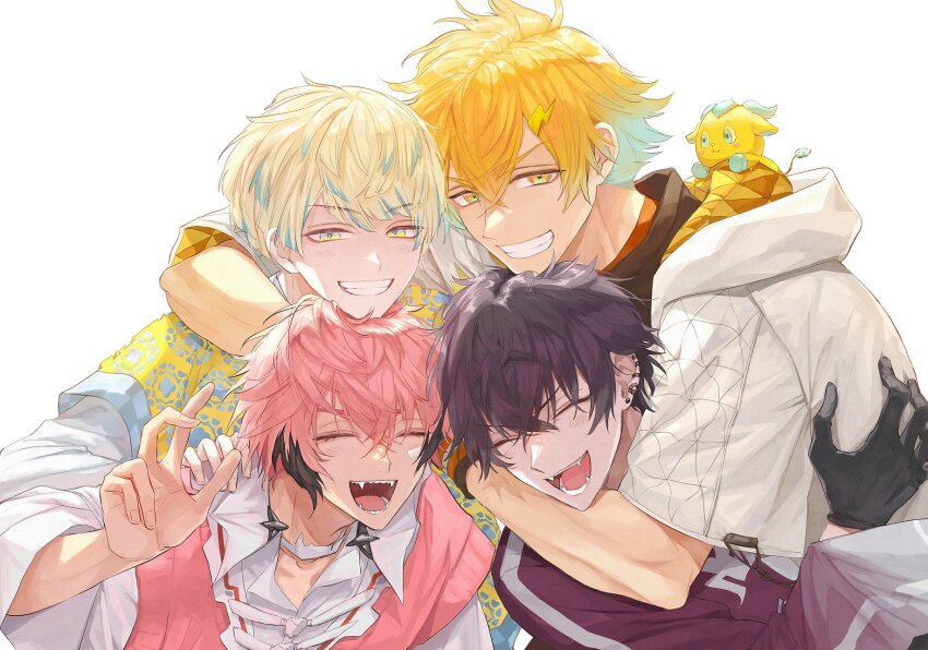 4boys :d ^_^ akagi_wen akagi_wen_(1st_costume) aqua_eyes aqua_hair arm_around_neck bandaid bandaid_on_cheek bandaid_on_face black_gloves black_hair blonde_hair blue_eyes blue_hair blue_shirt blush closed_eyes collared_shirt crossed_bangs ear_piercing earrings fangs gloves gradient_hair grey_jacket grin hair_between_eyes hair_ornament hand_up happy hashtag-only_commentary hibachi_mana hibachi_mana_(1st_costume) highres hood hood_down hooded_jacket jacket jewelry layered_sleeves lightning_bolt lightning_bolt_hair_ornament lightning_bolt_symbol long_sleeves looking_at_viewer male_focus multicolored_eyes multicolored_hair multicolored_shirt multiple_boys nijisanji open_mouth orange_eyes orange_hair oriens_(nijisanji) paw_earrings piercing pink_hair pink_sweater_vest purple_shirt saiki_ittetsu saiki_ittetsu_(1st_costume) sharp_teeth shirt short_hair short_over_long_sleeves short_sleeves simple_background smile streaked_hair sweater_vest teeth two-tone_eyes upper_body usami_rito usami_rito_(1st_costume) v-shaped_eyebrows virtual_youtuber white_background white_jacket white_shirt wide_sleeves yellow_eyes yellow_shirt yuta_arata
