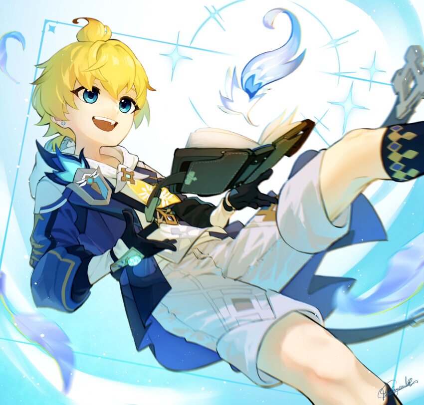 1boy black_gloves blonde_hair blue_coat blue_eyes blue_socks book coat cryo_symbol_(genshin_impact) ear_piercing feathers genshin_impact gloves hashtag-only_commentary highres male_focus mika_(genshin_impact) open_book open_mouth piercing shokun_2 shorts signature sleeves_rolled_up socks sparkle vision_(genshin_impact) white_shorts