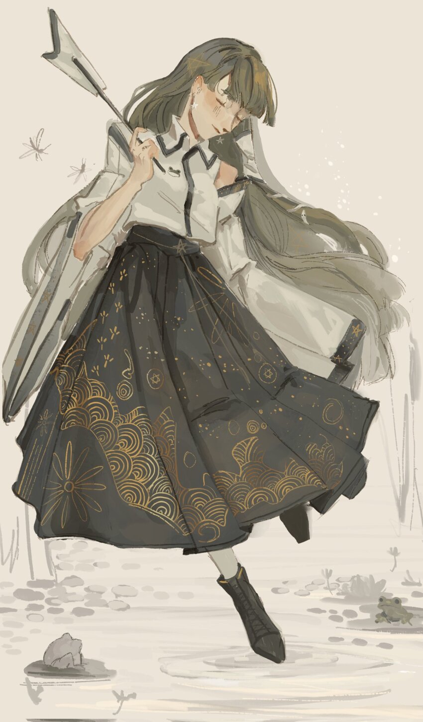 1girl black_boots blue_skirt boots closed_mouth collared_shirt commentary detached_sleeves facing_down frog full_body gohei green_hair hair_ornament hatsburg highres holding holding_gohei kochiya_sanae long_hair long_sleeves muted_color pleated_skirt shirt skirt snake_hair_ornament solo standing standing_on_one_leg touhou very_long_hair white_shirt white_sleeves wide_sleeves