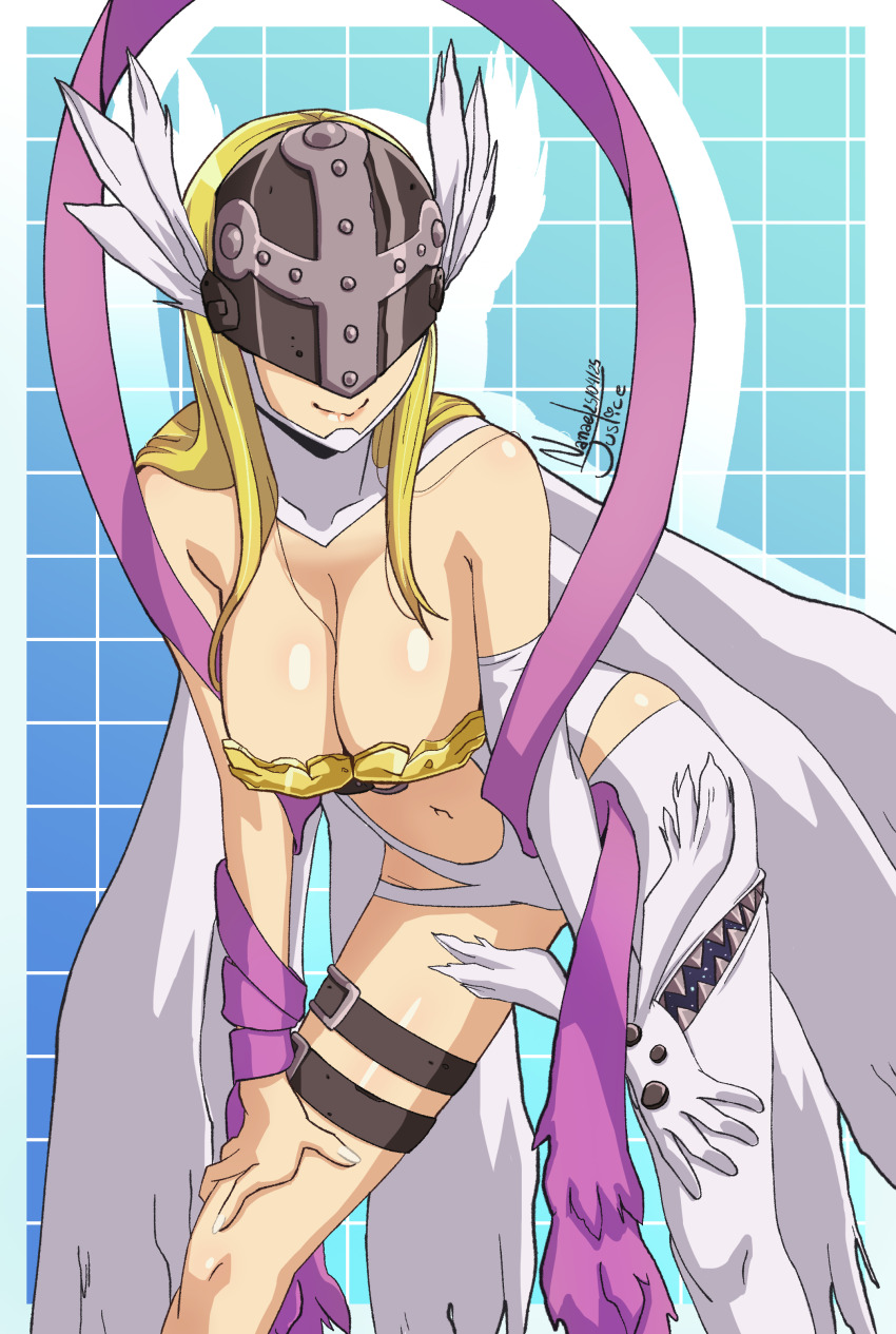 1girl absurdres angel angewomon artist_name bare_shoulders blonde_hair blue_background bodysuit boobplate border breastplate breasts cleavage clothing_cutout covered_eyes cowboy_shot digimon digimon_(creature) helmet helmet_over_eyes highres large_breasts long_hair multiple_wings nanaeljustice purple_ribbon ribbon simple_background solo stomach_cutout thigh_strap white_bodysuit white_border white_wings winged_helmet wings zipper