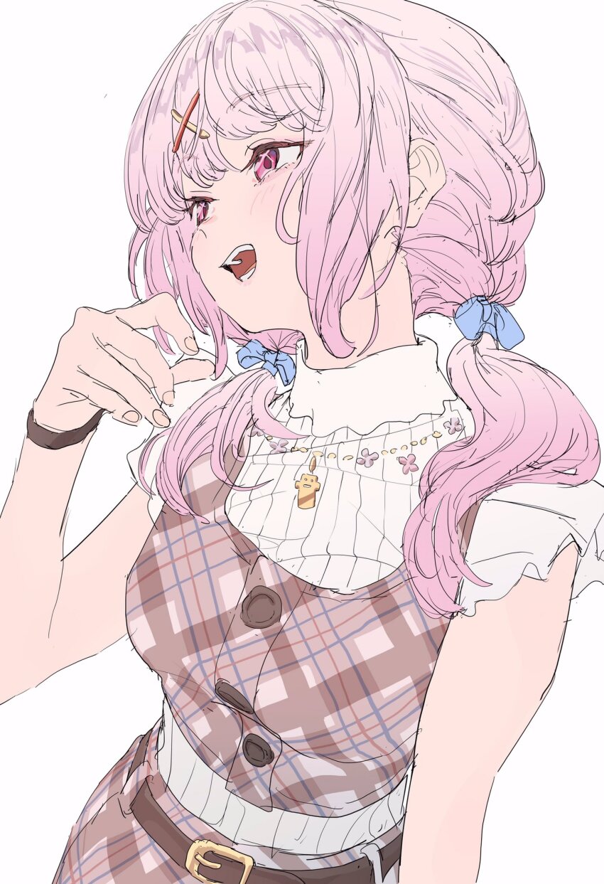 1girl bad_link belt blue_ribbon blush bow bracelet braid breasts brown_belt brown_bracelet frilled_sleeves frills hair_bow hair_ornament hair_ribbon highres jacket jewelry looking_to_the_side low_twintails medium_breasts necklace nijisanji obihironn open_mouth pink_eyes pink_hair plaid_clothes plaid_skirt ribbon shiina_yuika shiina_yuika_(9th_costume) simple_background skirt smile solo turtleneck twintails virtual_youtuber white_background x_hair_ornament