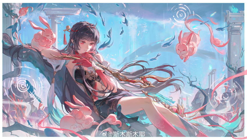 1girl absurdres ahoge bare_shoulders blunt_bangs breasts brown_hair chinese_clothes cleavage closed_mouth colored_extremities criss-cross_halter detached_sleeves dress hair_ornament hair_spread_out halterneck highres holding_pipette honkai:_star_rail honkai_(series) incense_burner large_breasts lingsha_(honkai:_star_rail) long_hair looking_at_viewer navel on_branch orange_eyes pipette pointy_ears red_eyes red_hands smile smusmuye solo very_long_hair