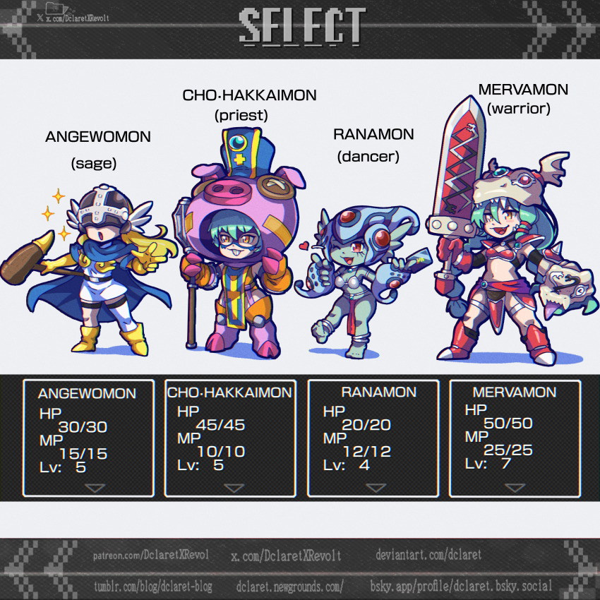 4girls :o angewomon animal_costume anklet aqua_hair armor armored_boots bare_shoulders barefoot bikini bikini_armor blonde_hair blue_cape blue_skin blue_tabard boots braid button_eyes buttons cape character_name chibi chibi_only cho-hakkaimon colored_skin commentary cosplay covered_eyes dancer&#039;s_costume_(dq) dclaret digimon digimon_(creature) dragon_quest dragon_quest_iii dress elbow_gloves english_commentary fins full_body gameplay_mechanics gloves green_hair grin hair_between_eyes hat head_fins heads-up_display heart helmet helmet_over_eyes highres holding huge_weapon jewelry leotard living_weapon loincloth long_hair mace mask mervamon metal_bikini midriff multiple_girls navel one_eye_closed open_mouth orange_eyes orange_leotard pig_costume pink_armor priest_(dq3) priest_(dq3)_(cosplay) print_headwear ranamon red_armor red_cape red_eyes red_gloves sage_(dq3) sage_(dq3)_(cosplay) shadow short_hair shoulder_pads sidelocks single_thighhigh smile staff standing standing_on_one_leg swimsuit sword tabard teeth thighhighs thighlet twin_braids user_interface waist_cape warrior_(dq3) warrior_(dq3)_(cosplay) watermark weapon web_address white_background white_dress white_thighhighs winged_helmet yellow_boots yellow_eyes yellow_gloves
