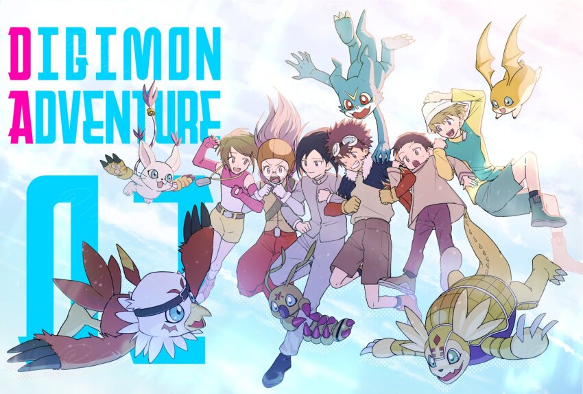 armadillo armadimon beak bird black_eyes black_hair blonde_hair blue_eyes blue_jacket body_fur brown_eyes brown_hair bug cat copyright_name detached_sleeves digimon digimon_adventure_02 dragon falling flame_print green_shirt green_shorts group_picture hawkmon head_wings hida_iori ichijouji_ken inoue_miyako jacket limit_deji long_hair motomiya_daisuke patamon pink_sleeves print_jacket purple_hair red_jacket shirt short_hair shorts sleeveless sleeveless_shirt tailmon takaishi_takeru talons v-mon white_fur wings wormmon yagami_hikari yellow_shirt yellow_shorts
