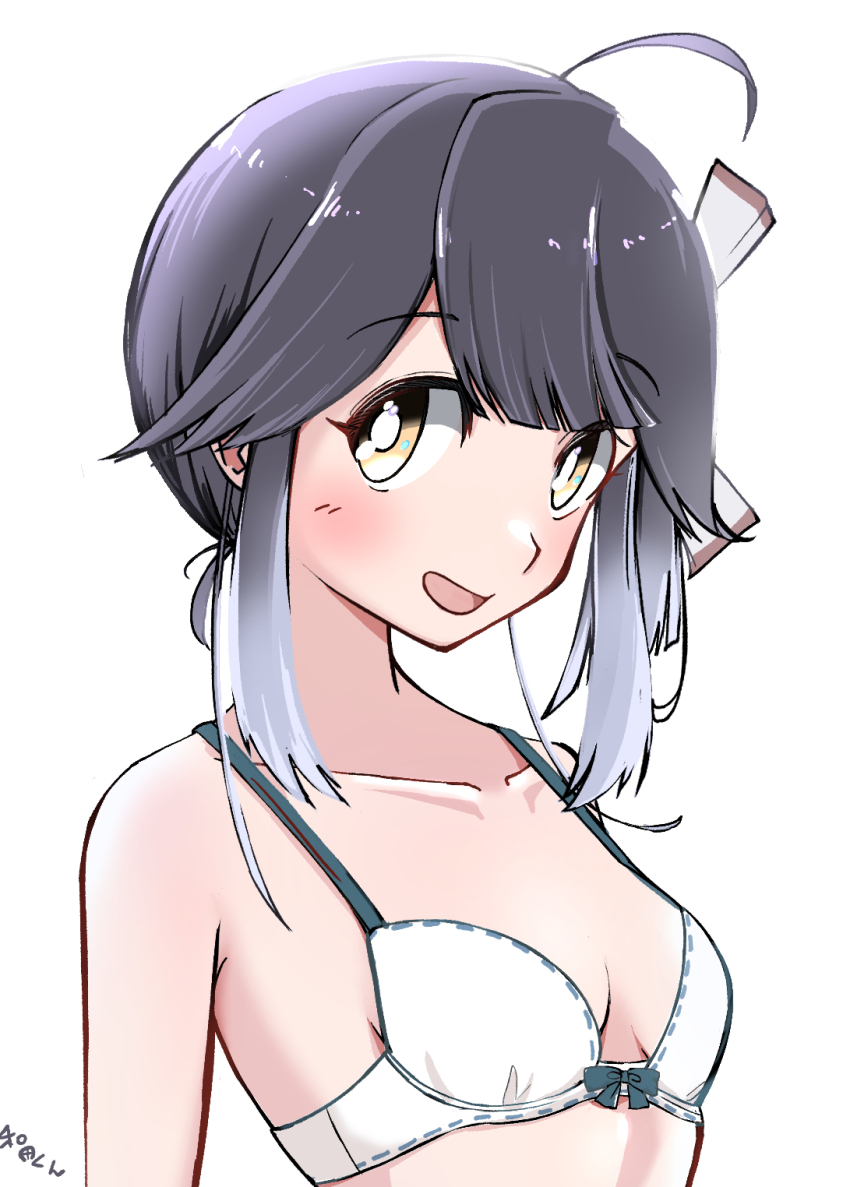 1girl ahoge black_hair bra breasts collarbone gradient_hair grey_hair hair_ribbon hayanami_(kancolle) highres kantai_collection multicolored_hair ribbon short_hair side_ponytail sidelocks simple_background small_breasts solo underwear upper_body wada-kun white_background white_bra white_ribbon yellow_eyes